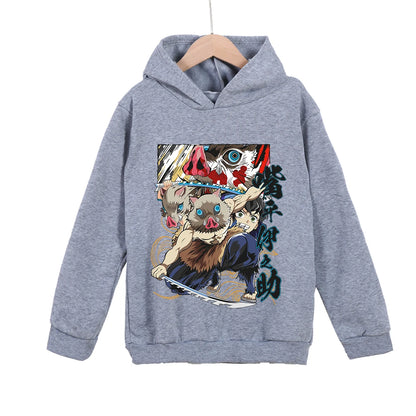 Childrens Cartoon Hoodie Demon Slayer Inosuke Graphic Cotton Pullover Unisex Boys Girls Clothes 100-160cm