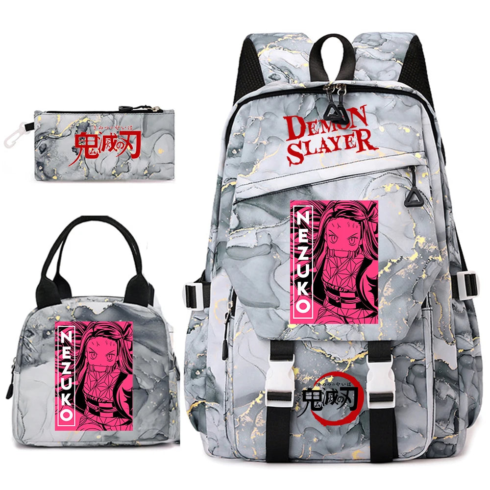Demon Slayer Anime Backpack Set for Girls Demon Slayer 3Pcs School Bag Lunch Kit Pouch