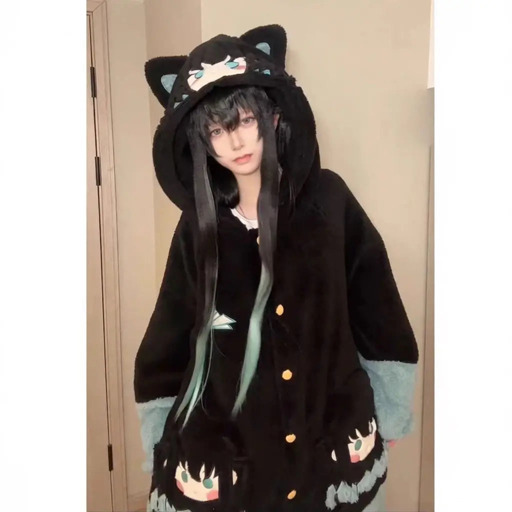Y2K New Tokitou Muichiro Winter Pajama Anime Peripherals Demon Slayer Soft Plush Jumpsuit Kawaii Cosplay Nightwear Girls Gift