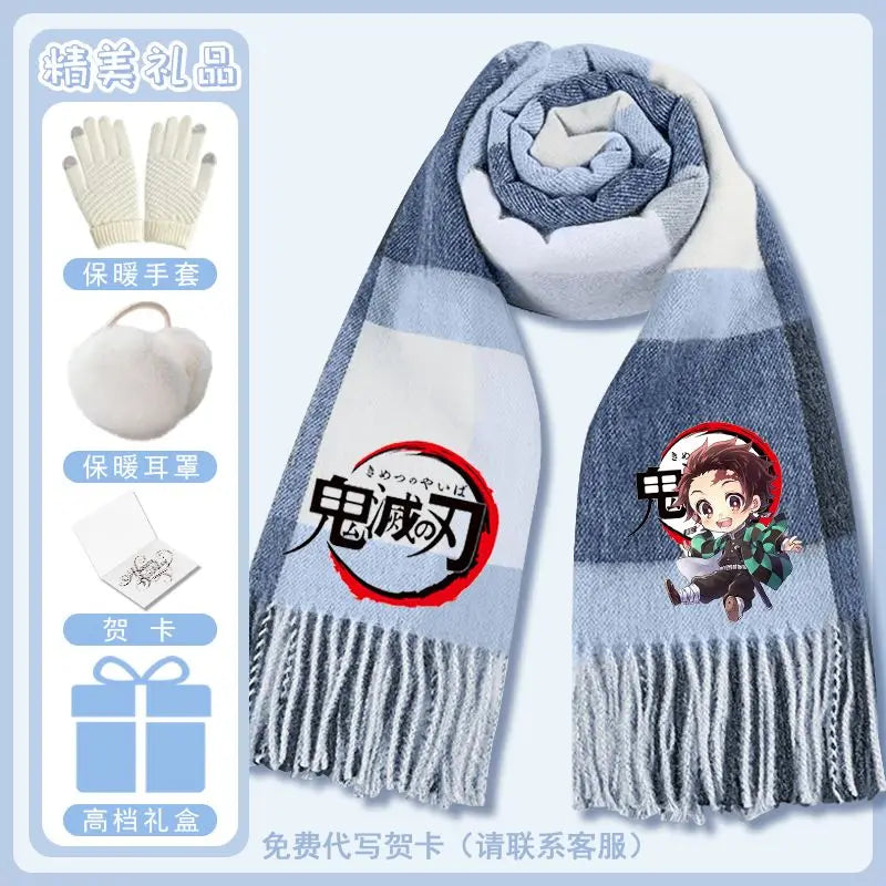 Anime Demon Slaye Nezuko Tanjiro Cartoon Printed Scarf Autumn Winter Men's and Women's Fashion Versatile Warm Grid Scarf