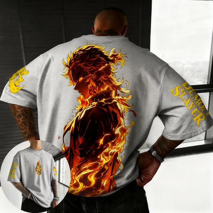 Demon Slayer Anime Rengoku Kyoujurou Printed T-shirt Summer New Men's Japanese Harajuku Loose Casual Children's Parent Child Top