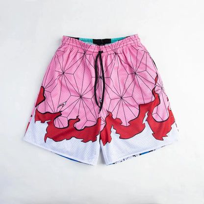 Bandai Demon Slayer Tanjiro Kamado Shorts, Black Turquoise Checkered with Great Wave Mesh Athletic Bottoms  Man - Beach shorts