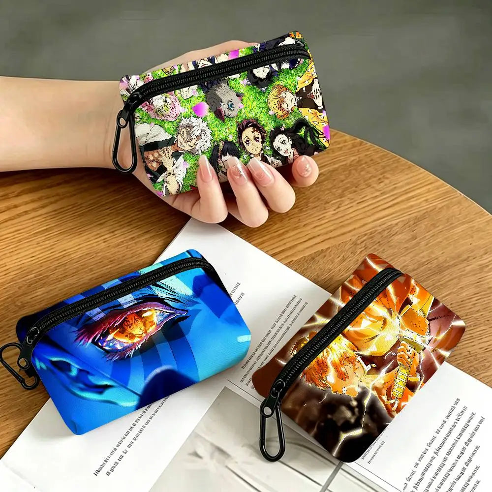 Anime D-DemonS Slayer Mini Oxford Cloth Coin Purse With Carabiner Hook Portable Key Card Wallet Small Zipper Storage Pouch
