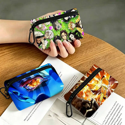 Anime D-DemonS Slayer Mini Oxford Cloth Coin Purse With Carabiner Hook Portable Key Card Wallet Small Zipper Storage Pouch