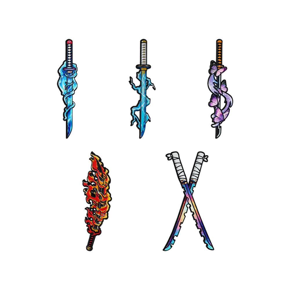 5Pcs Demon Slayer Nichirin Swords Enamel Pins Set Anime Cosplay Badges Collectible Brooches for Water Flame Thunder Hashira Fans