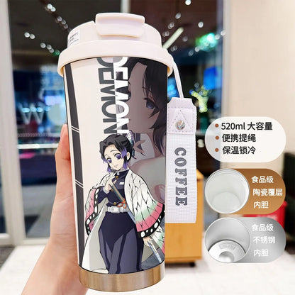 Demon Slayer Kochou Shinobu Water Cup Agatsuma Zenitsu Tomioka Giyuu Straw Thermos Cup Anime Stainless Coffee Mug Motion Bottle