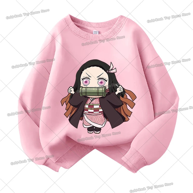 Demon Slayer Children Sweatshirt Kamado Nezuko Kochou Shinobu Autumn Sportswear for Girl Anime Tracksuit Cartoon Kids Pullovers