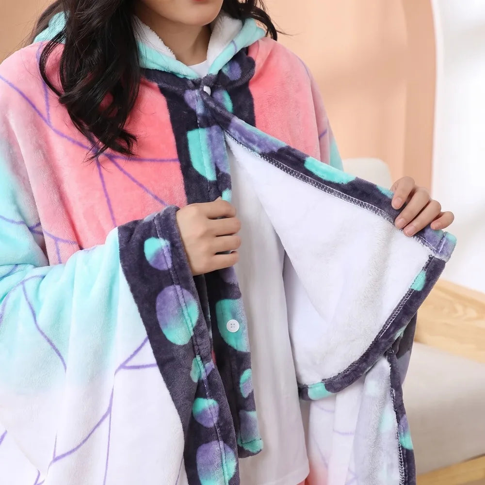 Demon Slayer Blanket Kimetsu No Yaiba Tanjirou Shinobu Pajamas Nezuko Cosplay Cloak Flannel Anime Hoodie Blanket Comfy Homewear