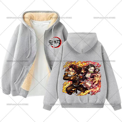 Fashion Clothes Anime Kimetsus No Yaibas Print Sweatshirt Men Women Demons Slayers Winter Loose Fleece Zipper Coat Hoodies Gift