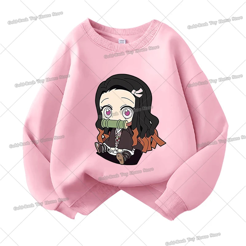 Demon Slayer Children Sweatshirt Kamado Nezuko Kochou Shinobu Autumn Sportswear for Girl Anime Tracksuit Cartoon Kids Pullovers