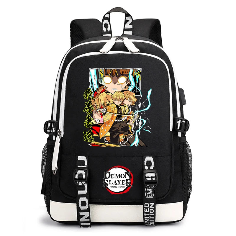 Demon Slayer Anime Print Student Backpack USB Charging Port Lightweight School Bag for Boys Girls