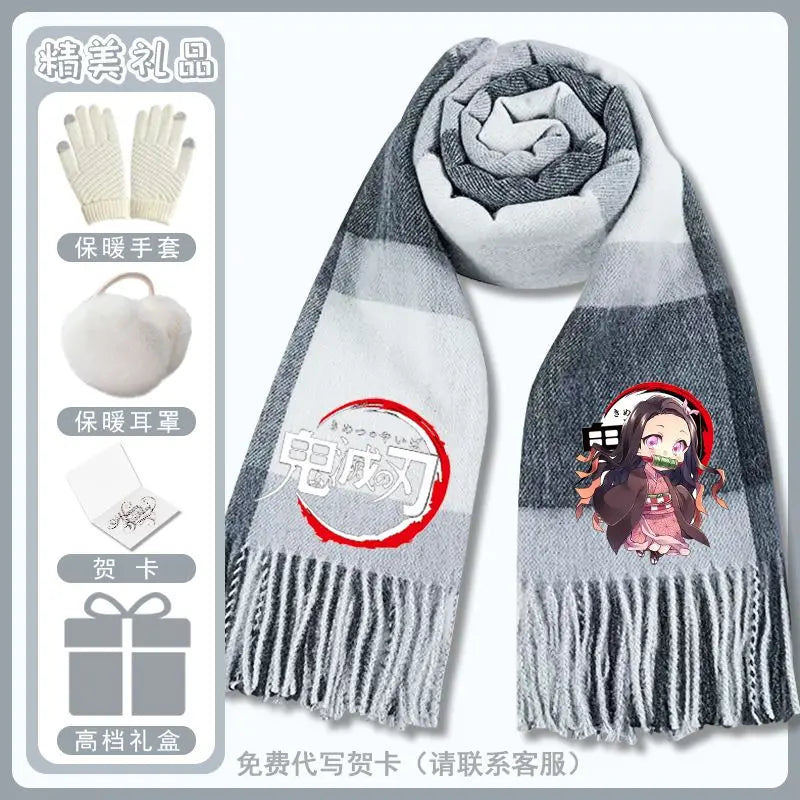 Anime Demon Slaye Nezuko Tanjiro Cartoon Printed Scarf Autumn Winter Men's and Women's Fashion Versatile Warm Grid Scarf