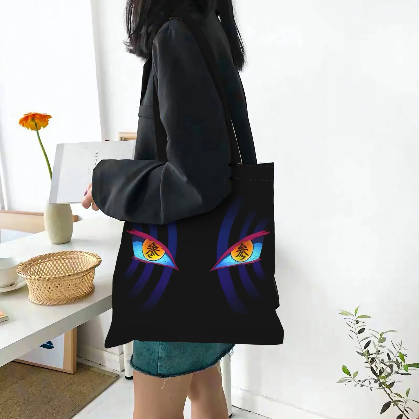 1PC Large Capacity Akaza's Eyes Demon Slayer Canvas Tote Bag Foldable Chic Pattern No Closed Design