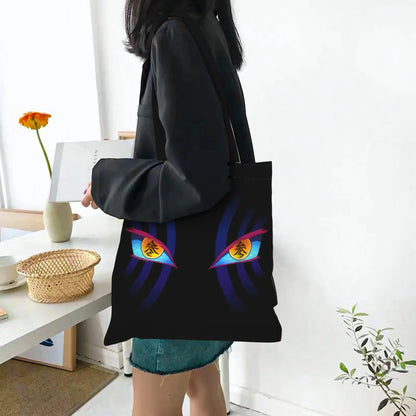 1PC Large Capacity Akaza's Eyes Demon Slayer Canvas Tote Bag Foldable Chic Pattern No Closed Design