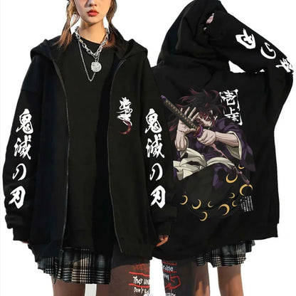 Anime Demon Slayer Kokushibo Zipper Hoodie Men Women Clothing Cartoon Fashion Zip Up Jacket Men's Oversized Zip Up Sweatshir
