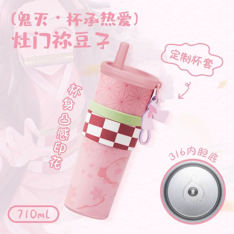 Anime Demon Slayer Vacuum Cup 24 Oz Tomioka Giyū 316 Stainless Steel High Capacity Car Coffee Cup Straw Thermos Cup Gift