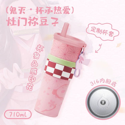 Anime Demon Slayer Vacuum Cup 24 Oz Tomioka Giyū 316 Stainless Steel High Capacity Car Coffee Cup Straw Thermos Cup Gift
