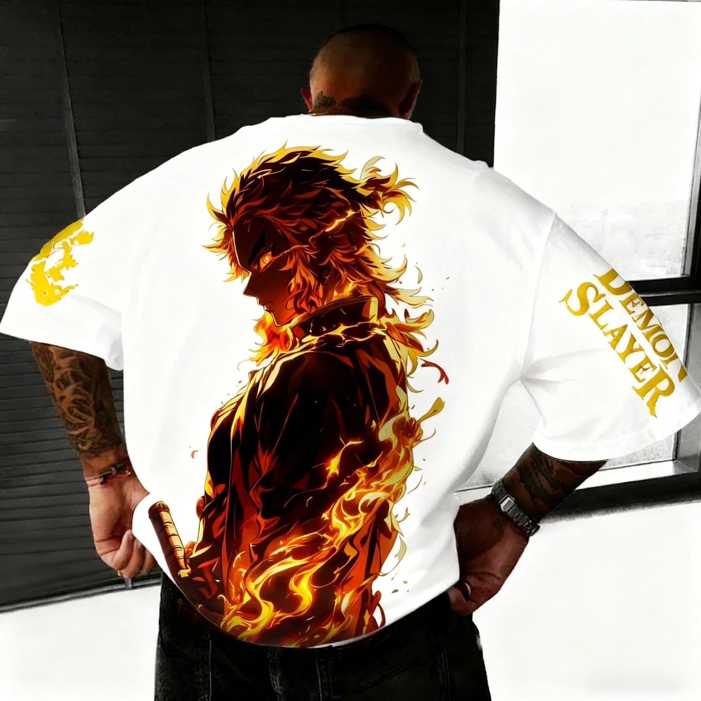 Demon Slayer Anime Rengoku Kyoujurou Printed T-shirt Summer New Men's Japanese Harajuku Loose Casual Children's Parent Child Top