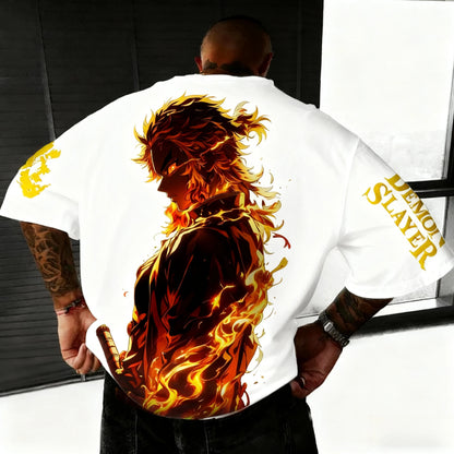 Demon Slayer Anime Rengoku Kyoujurou Printed T-shirt Summer New Men's Japanese Harajuku Loose Casual Children's Parent Child Top