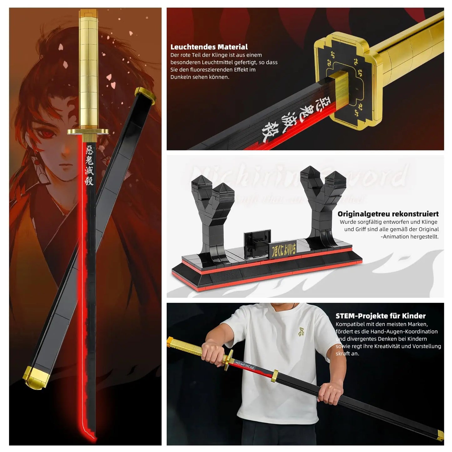 Demon Slayer Yoriichi Tsugikuni Nichirin Sword Building Blocks 1:1 Replica Katana with Stand Collectible Gift for Anime Fans