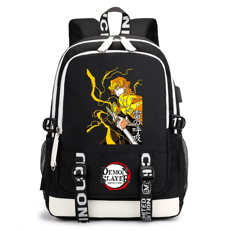 Demon Slayer Anime Print Student Backpack USB Charging Port Lightweight School Bag for Boys Girls