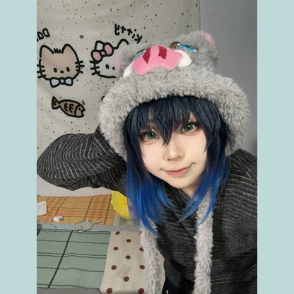 Anime Demon Slayer Two-Dimensional Cartoon Hood Hat Creative Personality Hashibira Inosuke Cosplay Plus Velvet Warm Knitted Hat