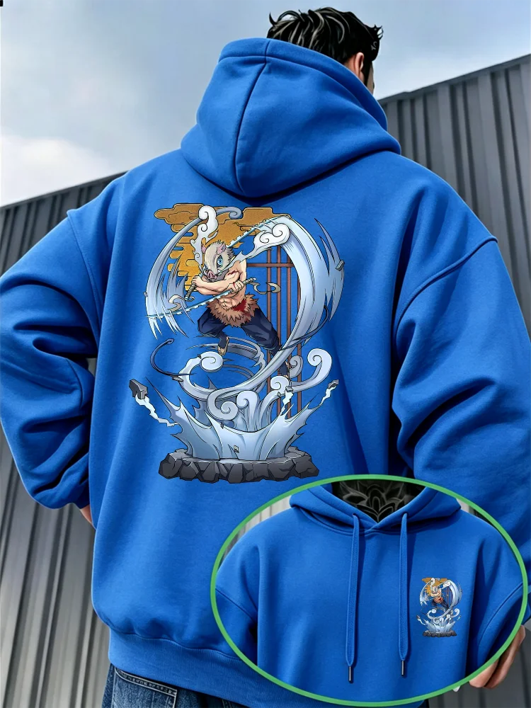 Bandai Demon Slayer Men's Hoodie with Inosuke Print, High-Quality Warm Men's Hooded Sweatshirt for Autumn and Winter