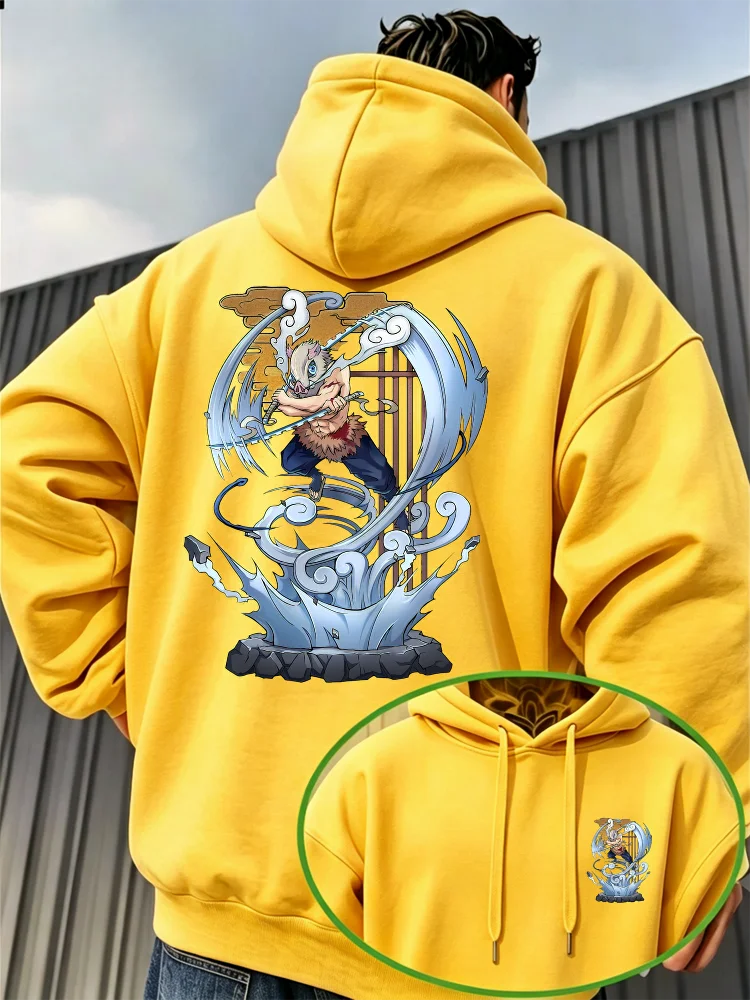Bandai Demon Slayer Men's Hoodie with Inosuke Print, High-Quality Warm Men's Hooded Sweatshirt for Autumn and Winter