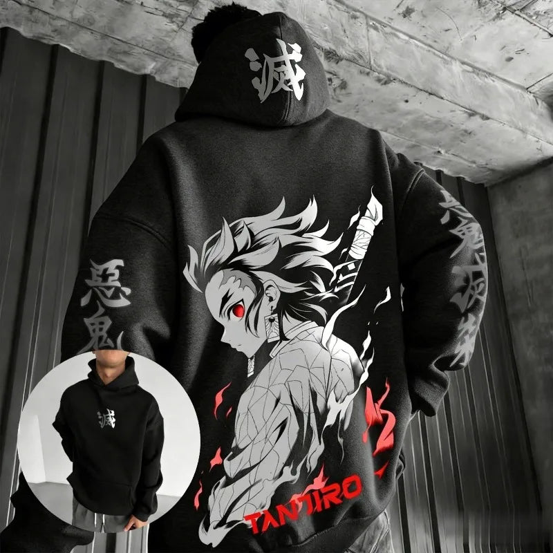 Unisex Demon Slayer Tanjiro Anime Hoodie Cotton Pullover Graphic Print Oversized Casual Streetwear Cosplay Y2k Long Sleeves Tops