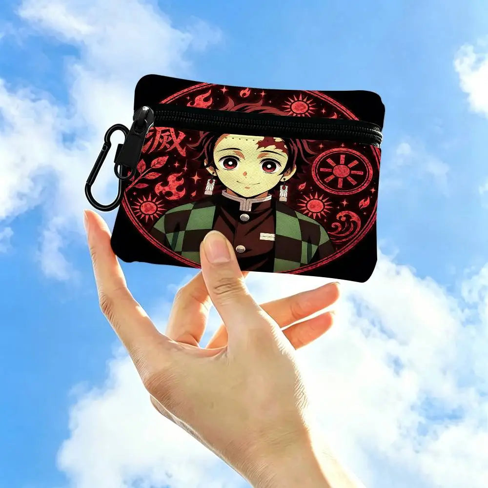 Anime Demon Slayer Multifunctional Oxford Cloth Small Pouch With Hook Mini Coin Wallet Earbud Storage Bag