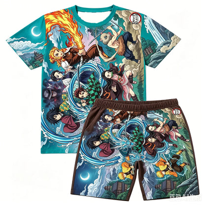 Demon Slayer Doma Red Splatter Print T-Shirt Shorts Set For Men Women Kids Soft Anime Summer Breathable Casual Loungewear Pajama