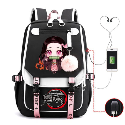 Anime Kamado Nezuko Print Backpacks Women Girls USB Charging Bags Large Capacity Children Teeneger Schoolbags Travel Bagpacks