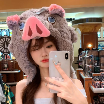 Anime Hashibira Inosuke Plush Hat Demon Slayer Cosplay Keep Warm Couple Caps Cute Y2K Headwear Accessories Cap Festival Gift