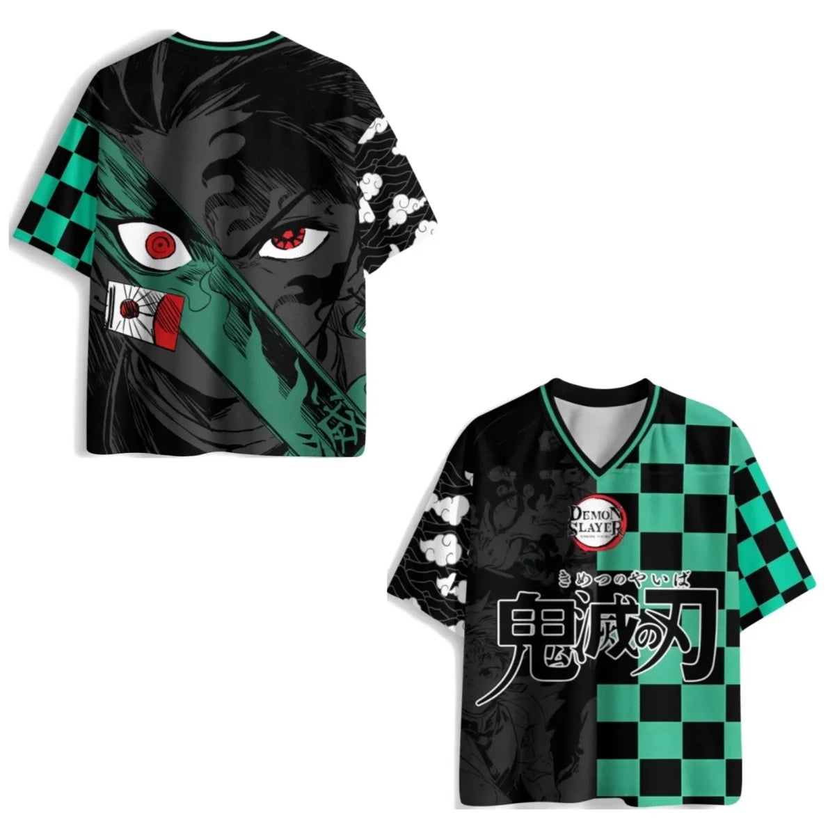Summer Demon Slayer Black Green Checkered Jersey Print, Quick Dry Moisture Wicking Fabric, Athletic Streetwear For Adults Teens
