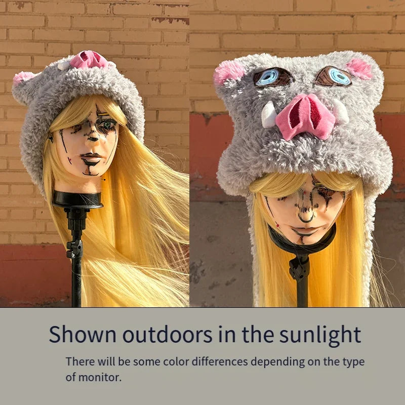 Anime Demon Slayer Two-Dimensional Cartoon Hood Hat Creative Personality Hashibira Inosuke Cosplay Plus Velvet Warm Knitted Hat