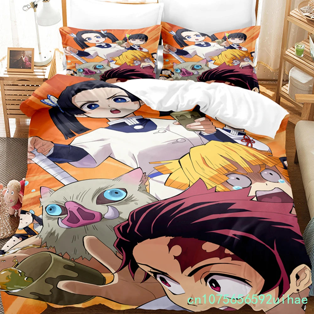 Kawaii Cartoon Demon Slayer Bedding Sets Duvet Cover Set With Pillowcase Twin Full Queen King Bedclothes Bed Linen Home Textiles