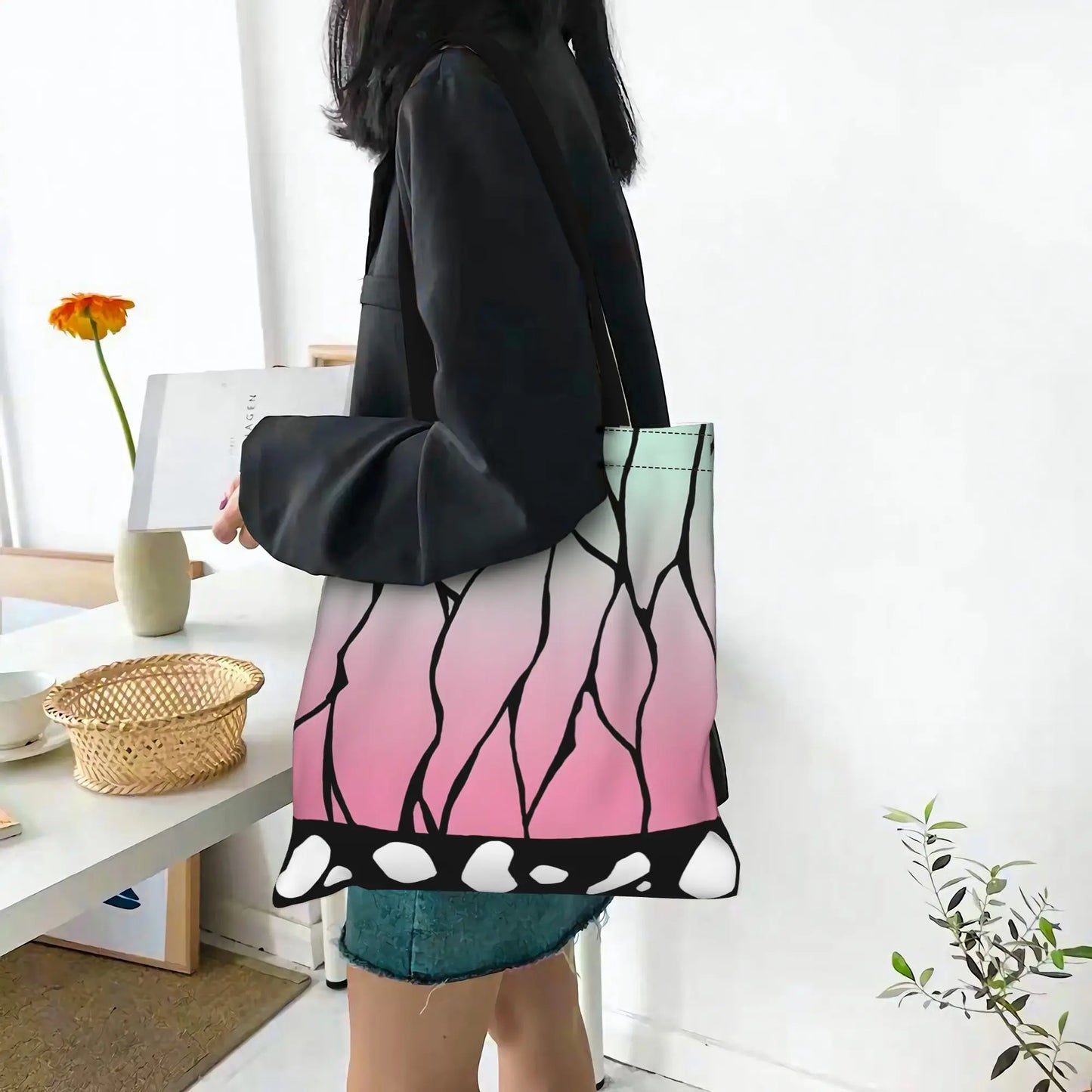 1PC Shinobu Kocho Cloak Canvas Tote Bag Demon Slayer Anime Handbag Outdoor Handbag Trendy Tote