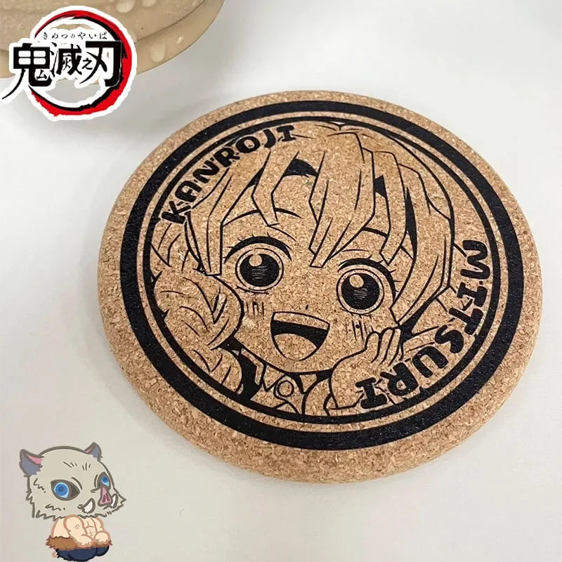 Demon Slayer Cork Coaster,Tanjiro Nezuko Anime Drink Cup Mat, Non-slip Heat Resistant Wooden Pad, Creative Table Decor Gift, 1pc