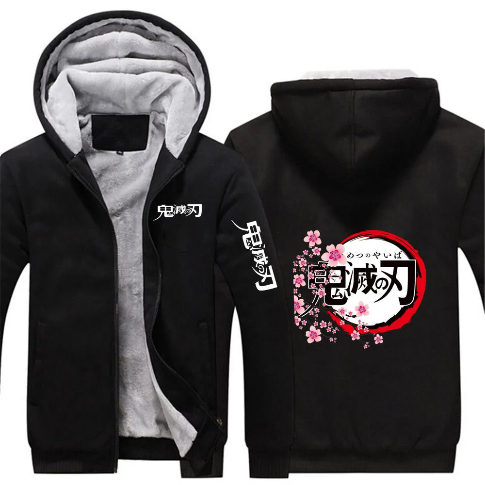 Anime Demon Slayer 2025 New Men Zip Up Hoodies Casual Fleece Sweatshirt Half Dome Full Zip Hooded Thicken Warm Coat Jacket