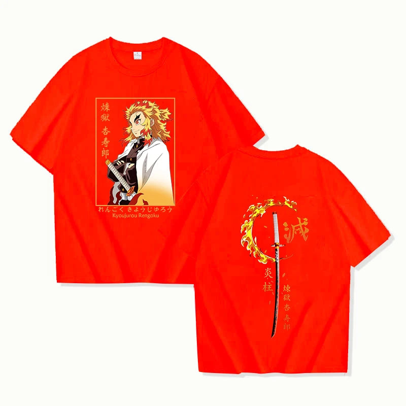 Demon Slayer Kyojuro Rengoku Pure Cotton T-shirt 2026 Summer New Anime Printed Loose Casual Parent Child Short Sleeve Top
