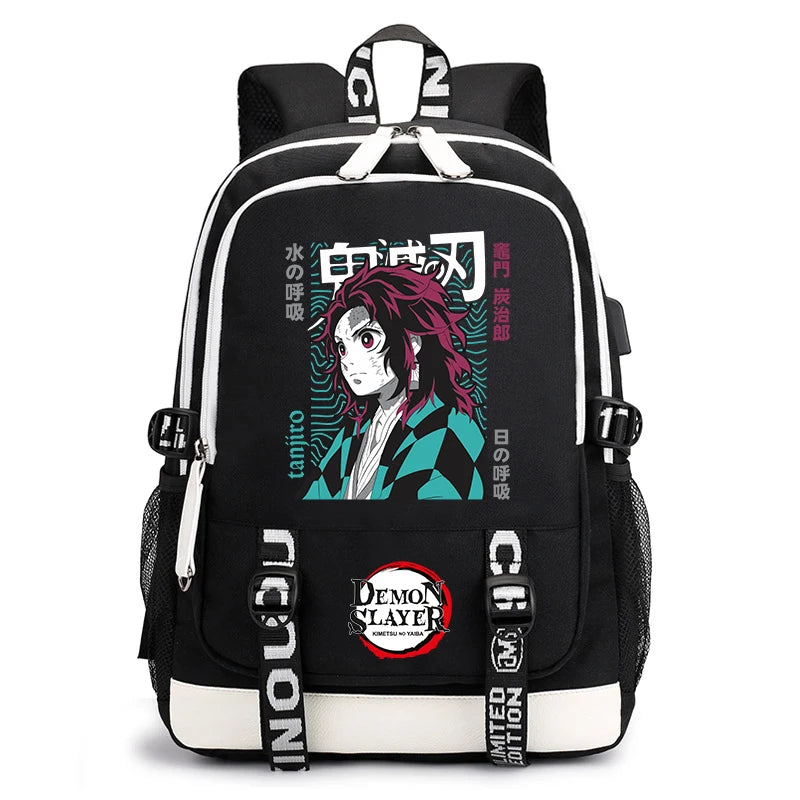 Demon Slayer Anime Print Student Backpack USB Charging Port Lightweight School Bag for Boys Girls