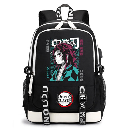 Demon Slayer Anime Print Student Backpack USB Charging Port Lightweight School Bag for Boys Girls