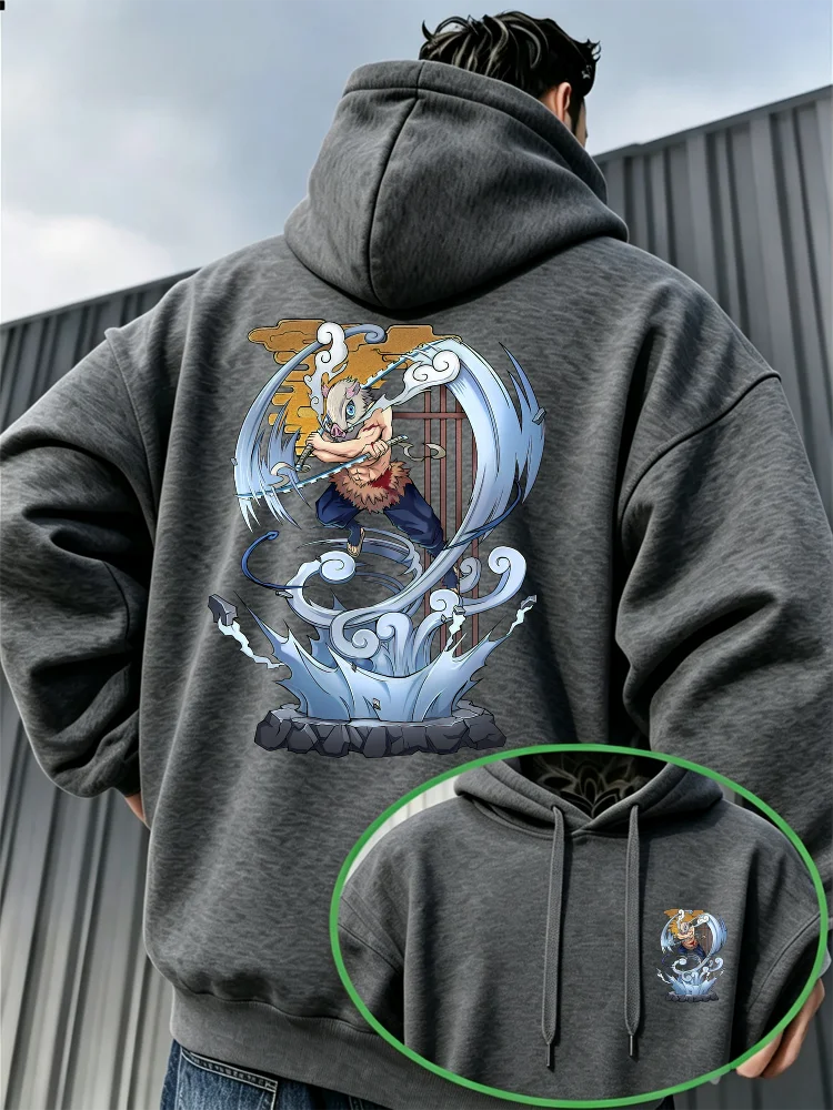 Bandai Demon Slayer Men's Hoodie with Inosuke Print, High-Quality Warm Men's Hooded Sweatshirt for Autumn and Winter