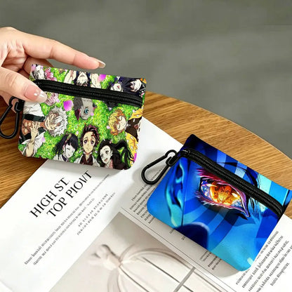 Anime D-DemonS Slayer Mini Oxford Cloth Coin Purse With Carabiner Hook Portable Key Card Wallet Small Zipper Storage Pouch