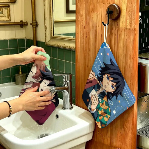 Cartoon Figure Giyu Tomioka Hanging Polyester Cotton Towel, Reusable Hand Wiping Cloth, Wear Resistant for Home Kitchen Sink