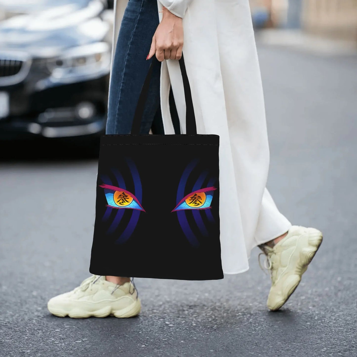 1PC Large Capacity Akaza's Eyes Demon Slayer Canvas Tote Bag Foldable Chic Pattern No Closed Design