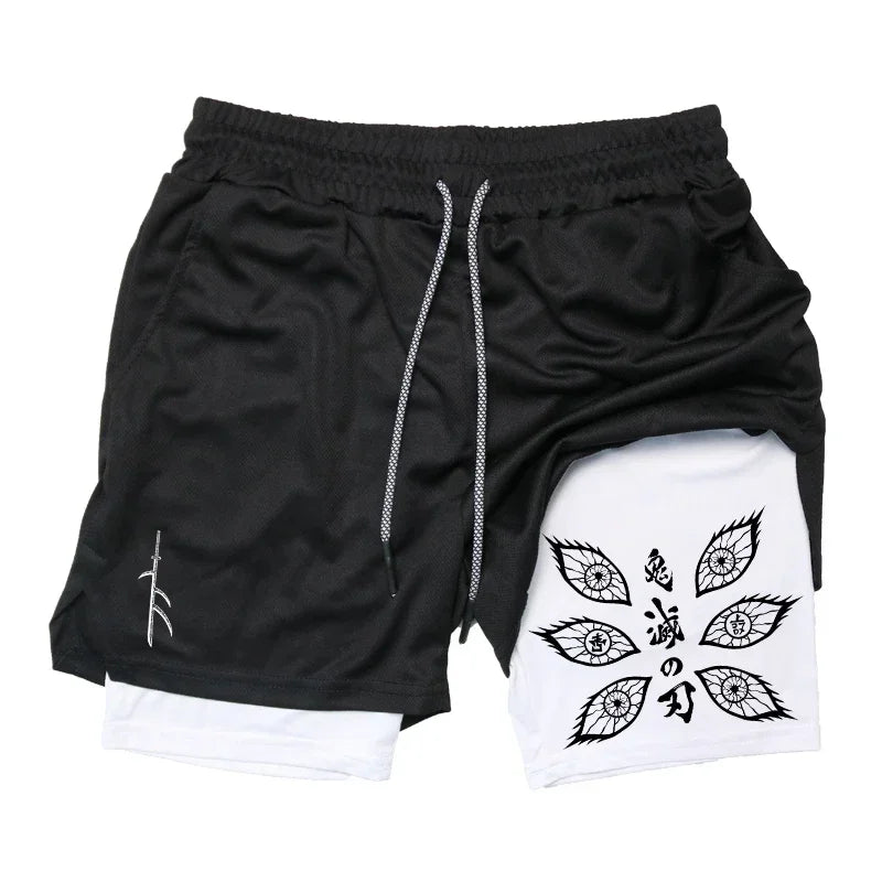 Demon Slayer Unisex Summer Sports Shorts Kokushibo Anime Printed Running Speed Dry Breathable 2-in-1 Double-layer Shorts