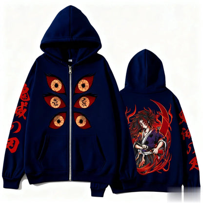 Kokushibo Men Autumn Winter 100%Cotton Zipper Hoodie Women Casual Harajuku Demon Slayer Japanese anime Long Sleeve Y2K Coat Top