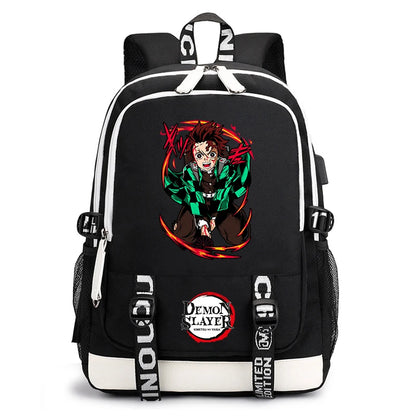 Demon Slayer Anime Print Student Backpack USB Charging Port Lightweight School Bag for Boys Girls