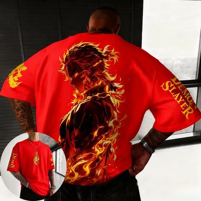 Demon Slayer Anime Rengoku Kyoujurou Printed T-shirt Summer New Men's Japanese Harajuku Loose Casual Children's Parent Child Top
